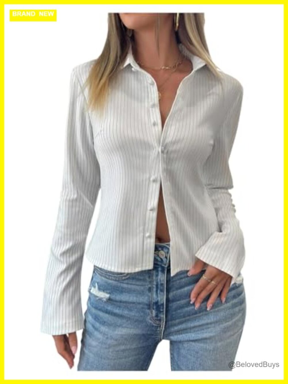 Striped Long Sleeve Button Down Crop Blouse for Women